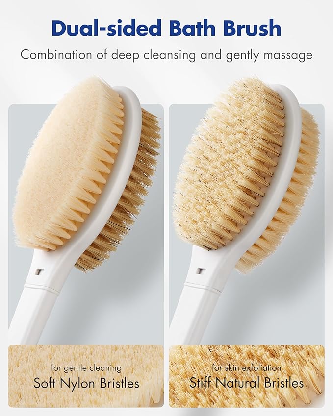 Back Scrubber Body Shower Brush: Anti Slip Long Handle Bath Brush with Stiff and Soft Bristles - Showering Exfoliator Wet or Dry Brushing for Women, Men, Elderly (Blue) (Pack of 2)