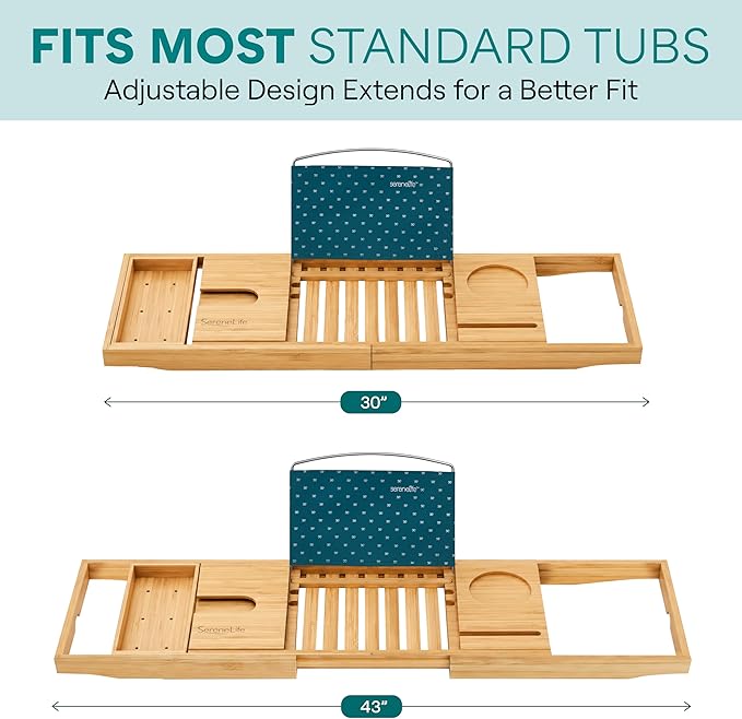 SereneLife Premium Bathtub Tray Caddy with Gift Box and Bow Set, Expandable Bath Tray, Unique House Warming Gifts for Mom, Women, Wedding, Anniversary, Bridal Shower, Fit for All Tub - Natural