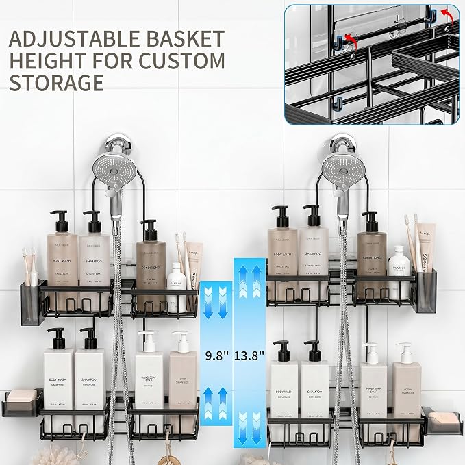 Shower Caddy Hanging for Handheld Showerheads, Rustproof, Black | Anti-Swing, Split Design, Shower Organizer with Hooks, Soap Holder and Toothbrush Holder, No-Drill Bathroom Storage
