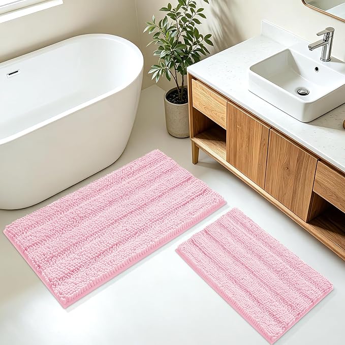 ACCUMTEK Christmas Striped Pink Bathroom Rug Mat Set 2 piece 32"x20"+24"x17" Ultra Soft, Non Slip Chenille Bath Rugs, Absorbent Plush Shaggy Bath Mats for Bathroom, Bedroom, Kitchen, Shower, Tub