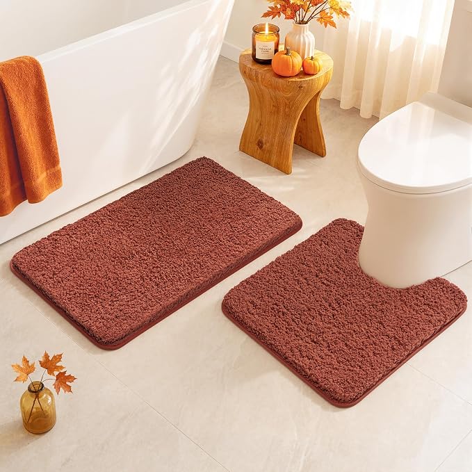 MIULEE Fall Rust Bathroom Rugs Set 2 Piece Soft Bath Mats 20x24+16x24 Inch | Absorbent Microfiber Bath Mat and U-Shaped Toilet Rug, Non Slip, Quick Dry, for Bathroom Floor Tub Showers, Machine Washable