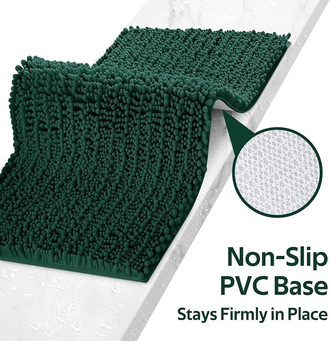 ACCUMTEK Upgrade Luxury 2 Piece Deep Green Toilet Bathroom Rug Mat 32"x20"+24"x17", Ultra Soft Thick Absorbent Bath Mats, Non Slip Chenille Toilet Mat for Bathroom, Bedroom, Kitchen, Shower, Tub