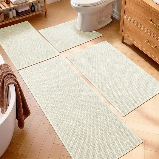 Beige Bathroom Rugs Sets 4 Piece, Quick Dry Thin Bath Mat with Toilet Rug, Non Slip Absorbent Machine Washable, Bath Runner Rugs for Bathtub Sink Home Decor
