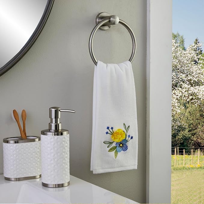 SKL Home Summer Floral Hand Towel Set-2pc, 100% Cotton, Embroidered, White | Soft velour with 3D embellishment. For use in the bathroom, kitchen, or any sink space & makes a great gift.