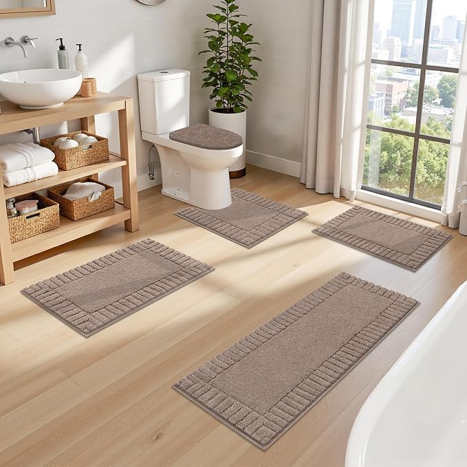 Pauwer Bathroom Rugs Set 5 Piece, Microfiber Bath Mat Set, Coffee | Non Slip Washable Bath Mat with U Shaped Toilet Rug, Plush Absorbent Shower Rug, Toilet Lid Cover, Quick Dry Floor Carpet