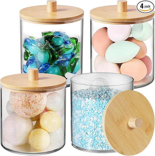 SheeChung 4 pack 50oz Large Apothecary Jar with Natural Bamboo Lid -Shatterproof Laundry Pods Container -Clear Plastic Storage Canister for Scent Beads&Bath Salts with Labels&Spoon