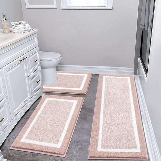 Pauwer Bathroom Rug Sets 3 Piece, Non Slip Washable Bath Mat, Dusty Pink | Soft Plush Microfiber, Super Absorbent Floor Carpet, U Shaped Toilet Mats, Quick Dry, Shaggy Shower Rugs Runners