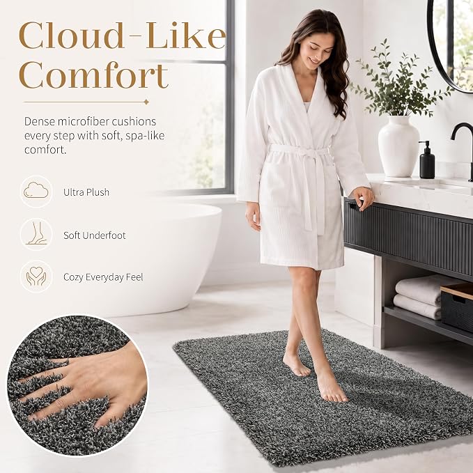 Yimobra Luxury Bathroom Rugs, Fluffy Bath Mats, Non Slip, Water Absorbent Microfiber, Machine Washable, Plush Shower Rugs, Thick Matts for Bathroom Floor/Tub, 44" X 24", Light Gray and Black Gray