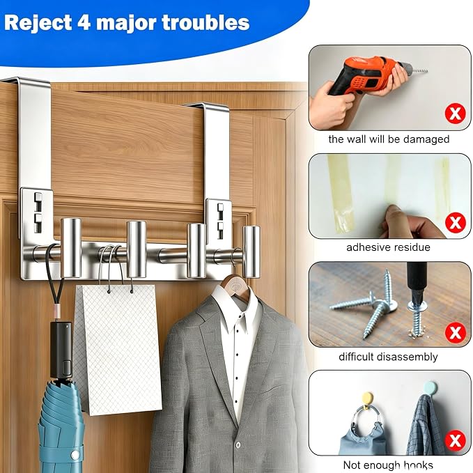 PMMASTO Over The Door Hooks, Fits 1-3/4" Thick Door No Drill Hooks for Closet Bathroom Bedroom Organization, Hanger for Coat Towel Robe (Polished Silver, 4 T-Hooks)
