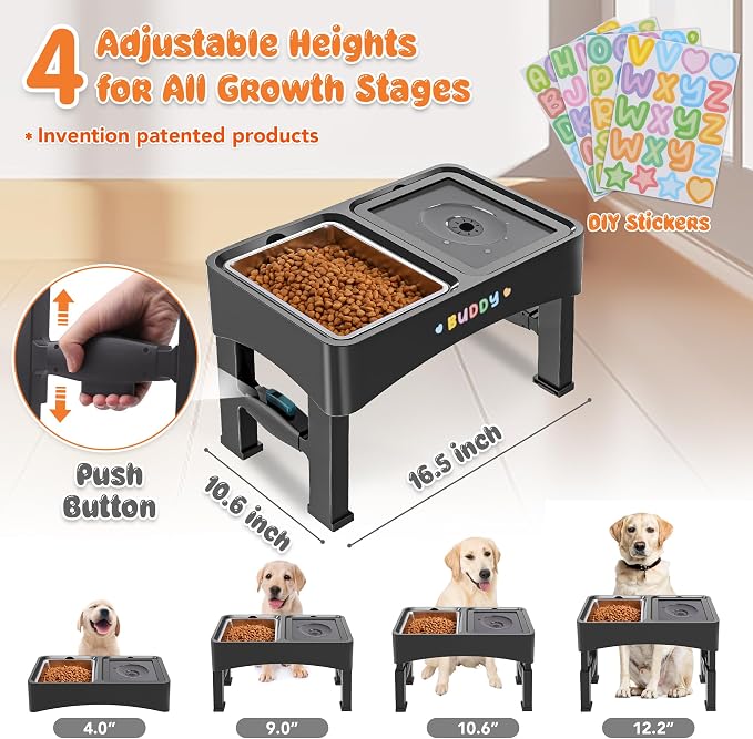 Decflow 3-in-1 Elevated Dog Bowls with 4 Height Adjustable Raised Stand | 304 Stainless Steel No Spill Water Bowl, Slow Feeder Dog Bowls, DIY Stickers, Pet Feeder Set for Small, Medium & Large Dogs