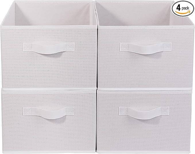 JAKAGO Fabric Storage Bins set of 4 Rectangle Storage Baskets with Handle Foldable Closet Organizer for Clothes Towel bedding Books Collapsible Clothing Container for Shelves Bedroom(White High)