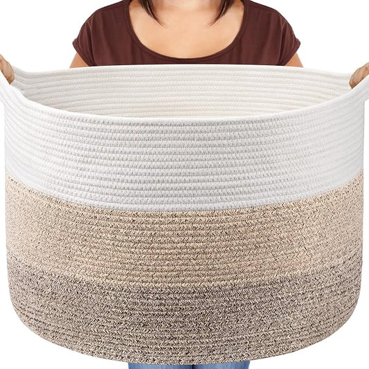 Maliton Extra Large Blanket Basket Living Room, 22" X 22" X 14" Woven Cotton Rope Laundry Basket Toy Baskets with Handle Storage Comforter Cushions Clothes Thread Laundry Hamper