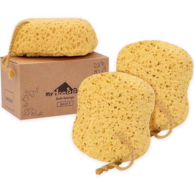 myHomeBody Bath Sponge, Foam Loofah, Shower Sponge for Body, Curvy, 3 Pack | Large Size, Lots of Lather, Bath Sponges for Shower, Body Scrubber for Bathing, Body Wash Women, Exfoliating Loofah Sponge