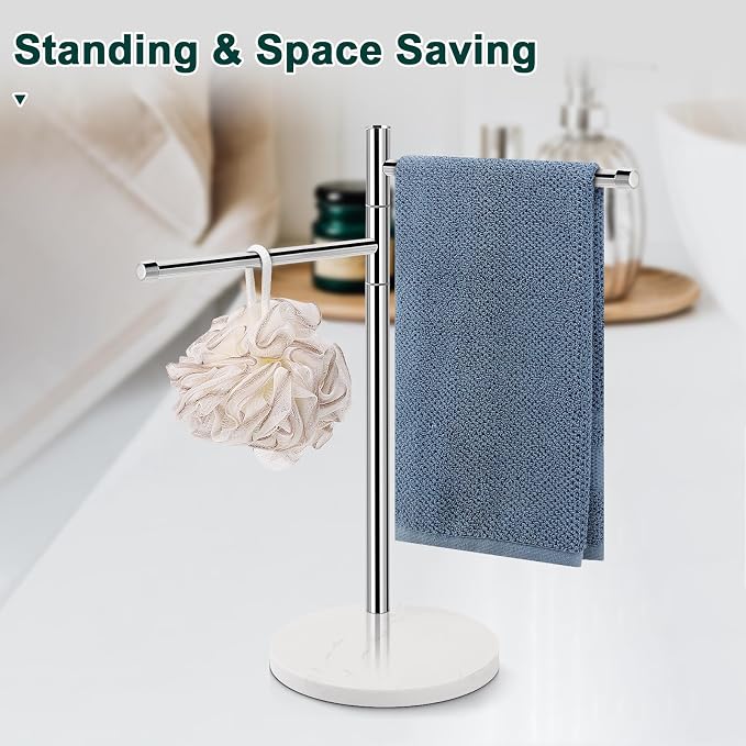 Hand Towel Holder, F-Shape Hand Towel Stand with Marble Base, Stainless Steel Swivel Hand Towel Rack Bar Standing for Bathroom Kitchen Countertop, 2 Arms (Chrome Finish)