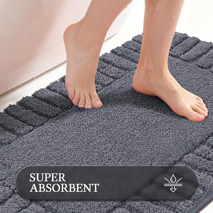 Pauwer Bathroom Rugs Sets 2 Piece, Non Slip Plush Bath Mats, Dark Grey | Machine Washable Shower Rugs, Absorbent Quick Dry Floor Mat for Bath Floor Tub and Shower