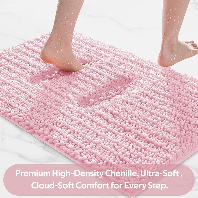 ACCUMTEK Upgrade Extra Large Pink Bathroom Rug Set 3 Pieces Ultra Soft, Thick Absorbent Bath Mats, Non Slip Chenille Toilet Mat for Bathroom, Bedroom, Kitchen