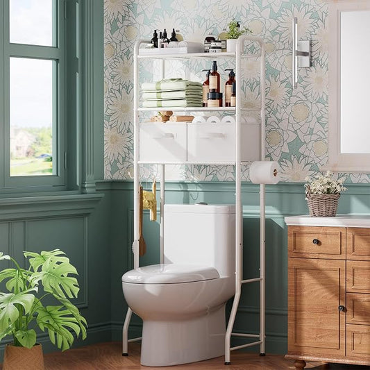Simple Trending Over The Toilet Storage Rack with Drawers, Metal 3 Tier Bathroom Organizer Shelf with Paper Holder and 3 Hooks, White
