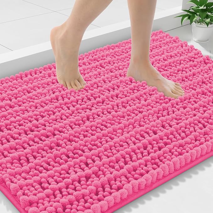 Smiry Bathroom Rugs 36X24, Extra Soft Rubber Backing Chenille Bath Mats | Hot Pink Machine Washable Non Slip Quick Dry Bath Mats for Bathroom Floor, Tub, Shower, Home Decor Accessories