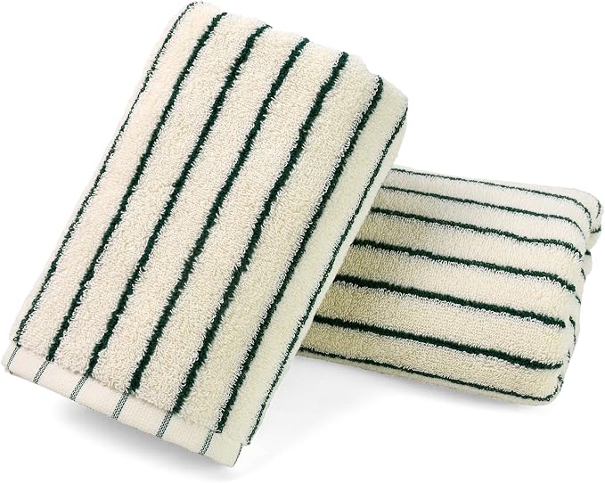 Jacquotha Green Striped Hand Towels for Kitchen, Vintage Bathroom Decor | Natural Cotton Tea Towel, 14” x 29”