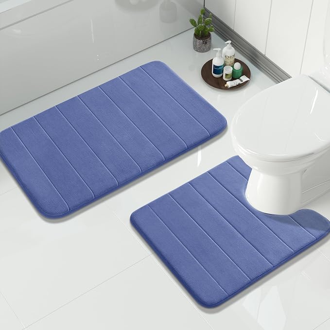 Yimobra Memory Foam Bath Mat Set 2 Piece - Super Soft Absorbent Quick Dry Bathroom Toilet Rugs, Machine Washable Non Slip Floor Carpet for Tub Shower & Single Sink (31.5x20 & 24x20, Navy Blue)