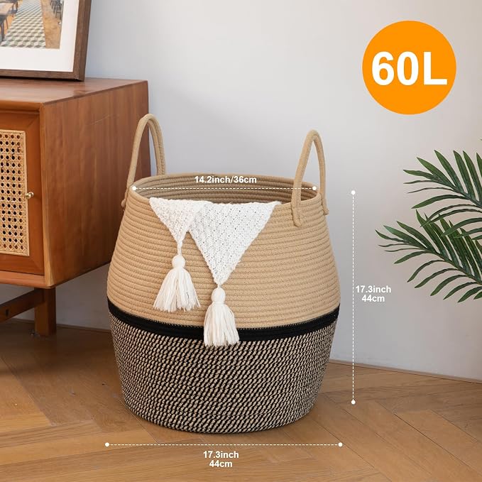 OIAHOMY 60L Blanket Basket with Handle, Storage Basket for Living Room, Laundry Hamper for Clothes, Towels, Pillows, Toy Storage for Kids and Dogs, Baby Hamper for Nursery - Brown & Black