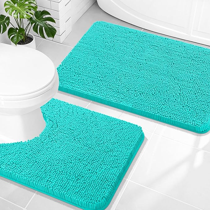 OLANLY Chenille Bathroom Rugs Mats Sets 2 Piece, 30"x20"+24"x20", Teal | Soft Absorbent Bath Mat and U-Shaped Contour Toilet Rug Set, Quick Dry, Machine Washable Bath Carpet, Home Decor Accessories