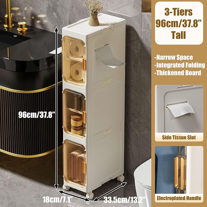 Slim Bathroom Storage Cabinet, Foldable & Movable Narrow Storage Organizer for Small Spaces, Bathroom, Kitchen, Laundry Room, Living Room (3-Tier)
