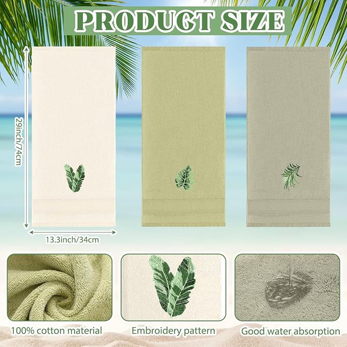 3 Pcs Sage Green Hand Towels Tropical Bathroom Kitchen Decor | Embroidered Tropical Leaves Design, 100% Cotton, Summer Bathroom Kitchen Decor, Absorbent Towels, Holiday Housewarming Gifts