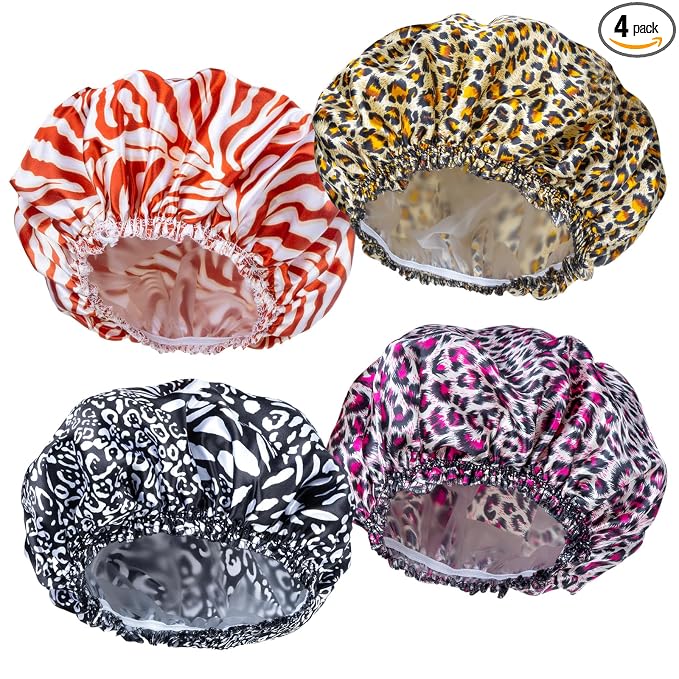 Shower Caps for Women, 4 PCS Reusable Waterproof Bath Cap | Double Layer, Washable, Wide Elastic Band, Holds Long Hair, Caps for Bath Accessories, Spa, Travel Home - Printed Color