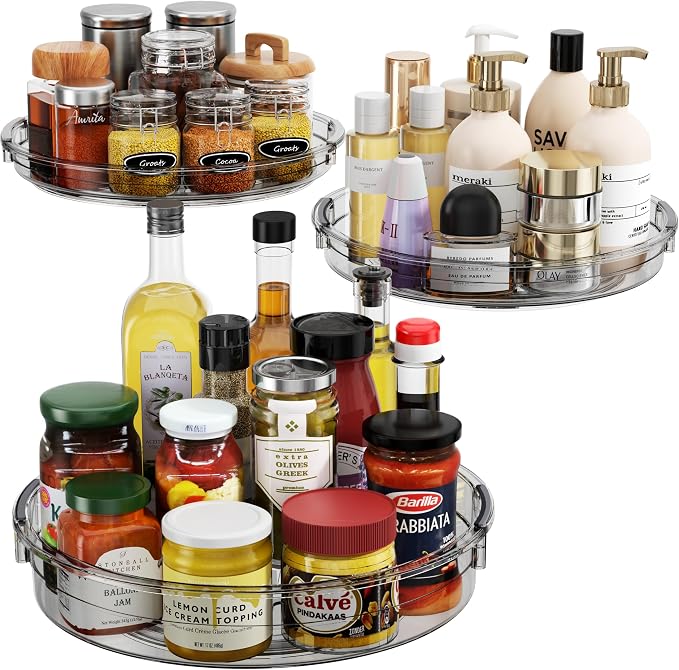 LAMU 3 Pack Lazy Susan Organizer Turntable for Cabinet, Condiment Organizer for Kitchen Pantry Organizers and Storage, Table Top, Fridge, Countertop, Spice Organization, 12'' 10.6'' 9.25'', Grey