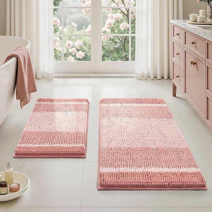 HOMEIDEAS Pink Bathroom Rugs Set of 2, Striped Chenille, 20"x32"+17"x24" | Non Slip Absorbent Bath Mats, Fluffy Striped Chenille Soft Shaggy Bath Rugs for Bathroom Floor and Tub, Machine Washable