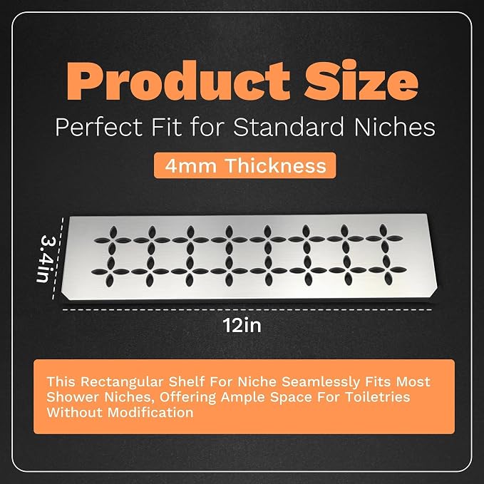 12 Inch Shower Niche Shelf 304 Stainless Steel Rectangular Bathroom Niche Shelf with Brushed Finish and Floral Design Fits Prefabricated Tile Niches 1 Pack