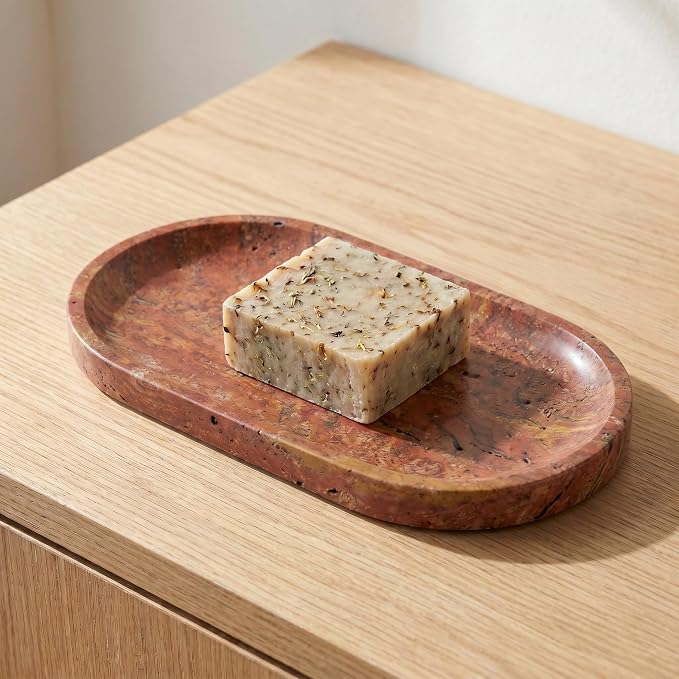 YKAJO Red Travertine Oval Marble Tray, 9.8x4.7 Vanity Perfume Organizer | Honed natural stone; jewelry & trinket dish, ring & key holder, soap & candle catchall; bath counter, dresser, coffee table