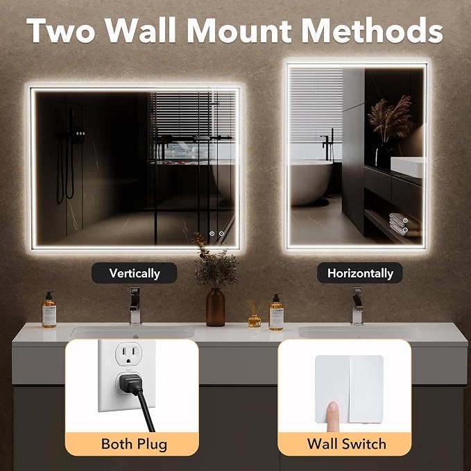 LED Mirror for Bathroom, 28"x36" Lighted Vanity Mirror with Anti-Fog, IP44 Waterproof, 3 Colors Dimmable, Backlit, Memory Function, Touch Control Wall Mount Bathroom Mirror, Horizontal/Vertical