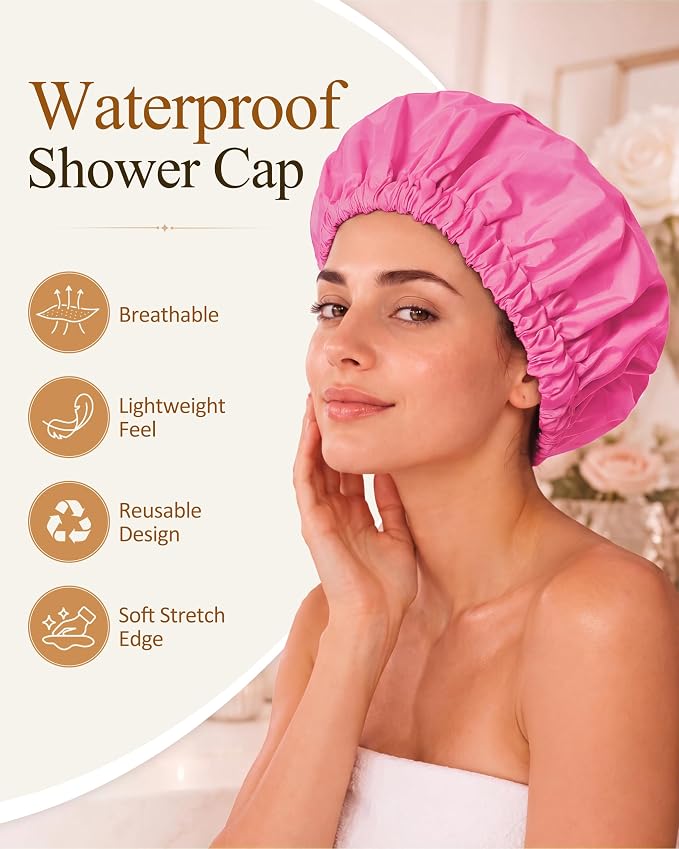 Edoneery Shower Caps for Women Reusable Waterproof, Shower Hair Cap | Washable Bonnet, Wide Elastic Band, Large Fit, Holds Long Hair, Braids Friendly, Bath Accessories, Spa, Travel
