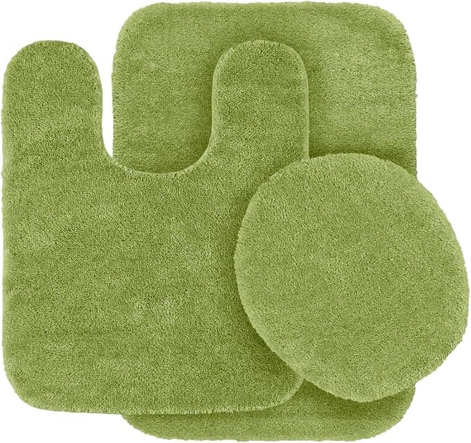 3pc Solid Non Slip Soft Bath Rug Set for Bathroom U-Shaped Contour Rug, Mat and Toilet Lid Cover New# Angela (Lime Green)