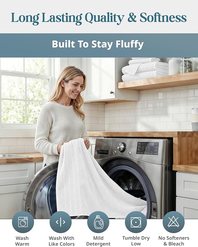 Casa Platino Large Bath Towel Set Absorbent Quick Dry 100% Cotton - White | Cotton Towels - Fade-Resistant Color, Classic Terry Weave, Densely Woven, Coordinated Colors, Dobby Border Accent