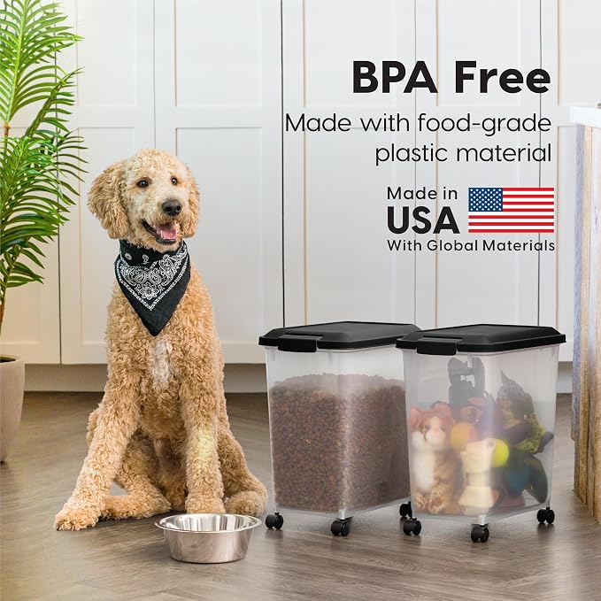IRIS USA Dog Food Storage Container, 2-Pack, Up to 54 lbs, Black | Made in USA, Comes with Wheels, Airtight Seal, BPA-Free, Bird Seed, Cat food, Cat Litter, Treats, Multi-Pet Use