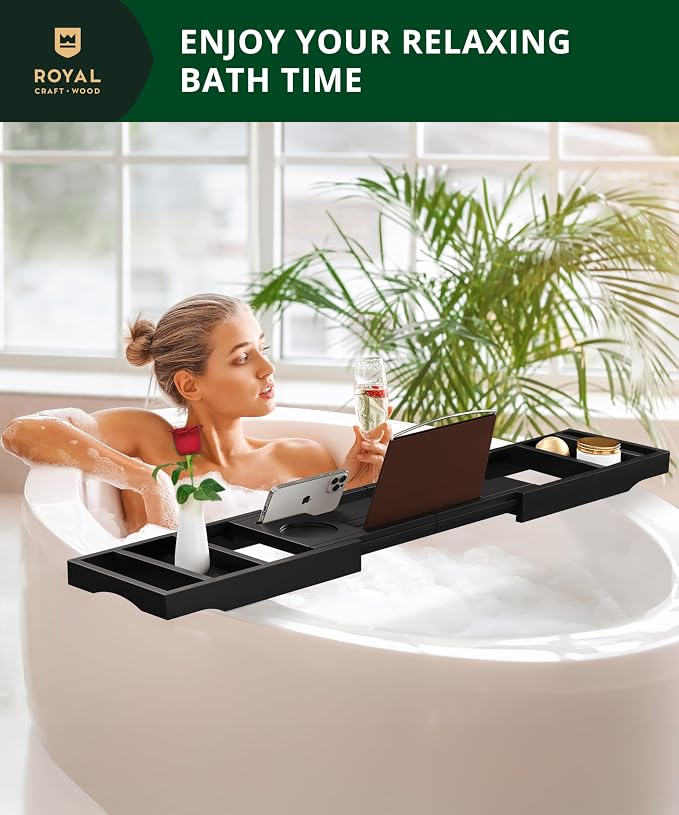 ROYAL CRAFT WOOD Premium Foldable Bathtub Tray Caddy - Wood Bath Tray for Tub, Bamboo Shelf, Expandable Bath Table Trays, Bathtub & Bathroom Accessories for New Home & Mothers, Birthday Gifts for Mom