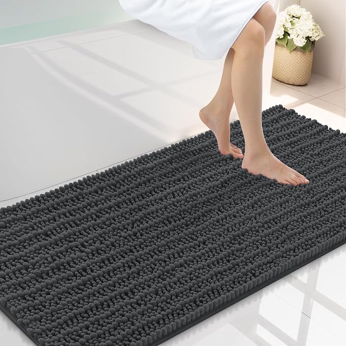 Smiry Bathroom Rugs 47X24, Extra Soft Rubber Backing Chenille Bath Mats | Dark Grey Machine Washable Non Slip Quick Dry Bath Mats for Bathroom Floor, Tub, Shower, Home Decor Accessories