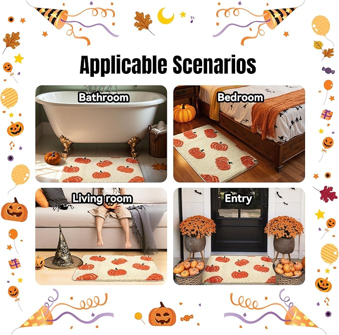 TRUEDAYS Beige Bathroom Rugs with Orange Pumpkins, Cute Bath Mat for Halloween and Thanksgiving, Soft Non Slip Farmhouse Mats Funny Indoor Rug Home Decor Fall and Autumn