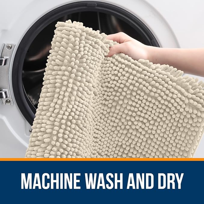 OLANLY Chenille Bathroom Rugs Mats Sets 2 Piece, 24"x16"+24"x20", Sand | Soft Absorbent Bath Mat and U-Shaped Contour Toilet Rug Set, Quick Dry, Machine Washable Bath Carpet, Home Decor Accessories