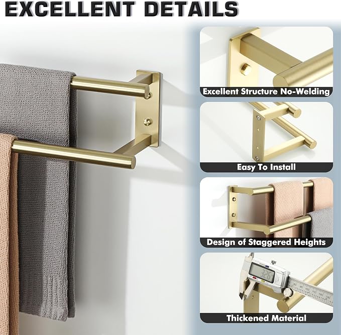 Alise Double Towel Bars for Bathroom Wall Mounted,24 InchSUS304 Stainless Steel Bathroom Towel Holder,Towel Hanger Towel Racks for Bathroom,Brushed Gold Towel Rod