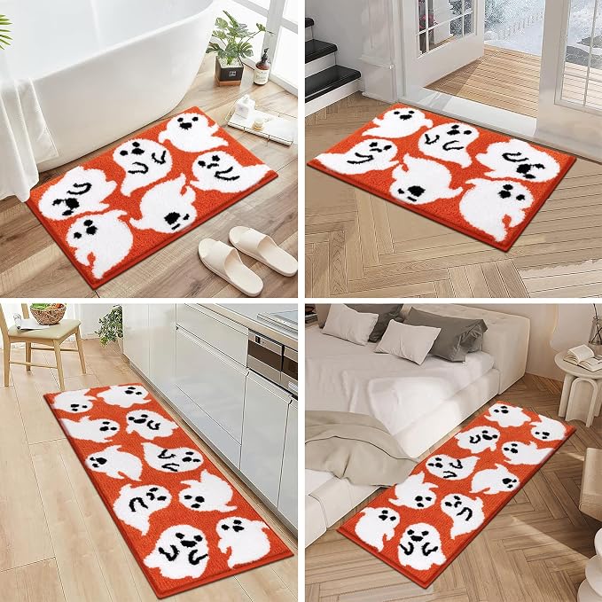 Pauwer Halloween Bathroom Rugs Sets 3 Piece, Fall Bath Mats, Orange Ghost | Spooky, Microfiber, U-Shaped Contour Toilet Rug, Soft Plush Absorbent, Quick Dry, Non Slip Washable Bath Mat Set