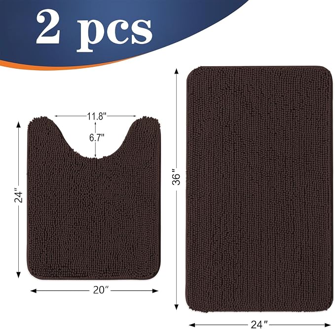 OLANLY Chenille Bathroom Rugs Mats Sets 2 Piece, 36"x24"+24"x20", Brown | Soft Absorbent Bath Mat and U-Shaped Contour Toilet Rug Set, Quick Dry, Machine Washable Bath Carpet, Home Decor Accessories