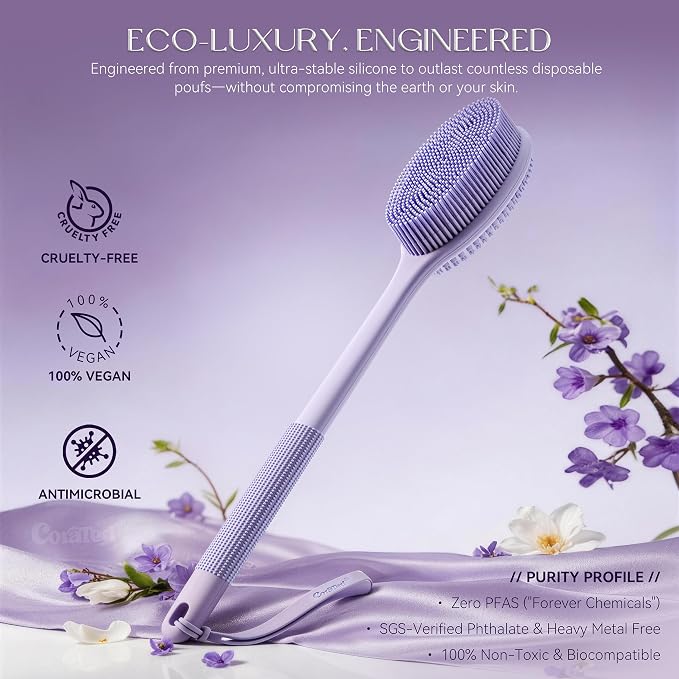 CORATED Silicone Back Scrubber for Shower, 2‑in‑1 Body Brush with Handle | Exfoliating Body Scrubber for Women & Men Daily Use, Loofah Alternative Bath Accessories