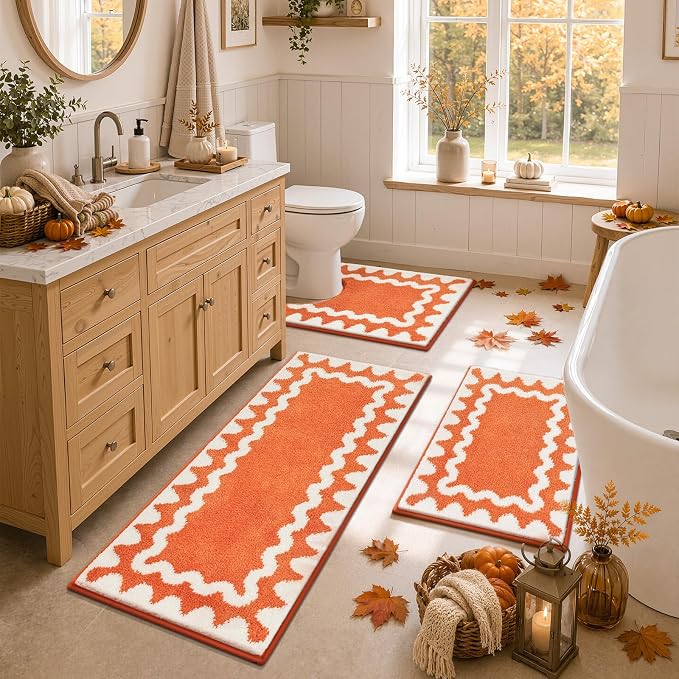 Findosom Fall Bathroom Rugs Sets 3 Piece, Absorbent Non-Slip Bath Rug Set | Washable Soft Microfiber Shaggy Scalloped Fall Bath Mat Set with Bathroom Runner Rug, U-Shaped Toilet Rugs, Shower Rug,Orange