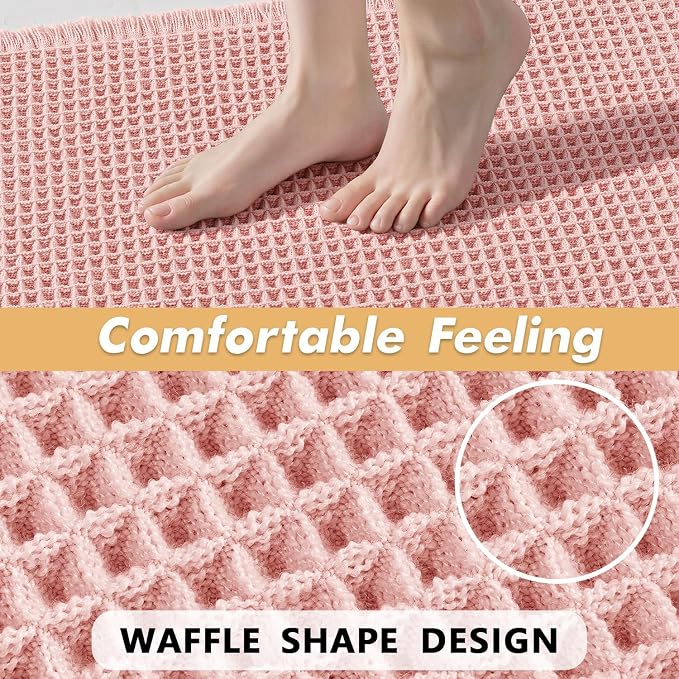MIULEE Set of 2 Waffle Bathroom Rugs Boho Bath Mat Pink 17x24 Inch | Non Slip, Super Absorbent, Washable, Ultra Soft, Rubber Backed, Small Bath Rugs for Bathroom Floor Tub Shower