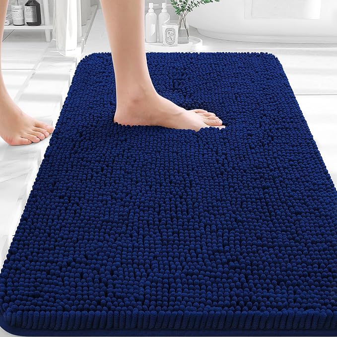 OLANLY Small Bathroom Rugs 30x18, Extra Soft Absorbent Chenille Bath Rugs | Navy, Quick-Drying Rubber Backing, Machine Washable Bath Mat for Bathroom Floor, Tub and Shower, Home Decor Accessories