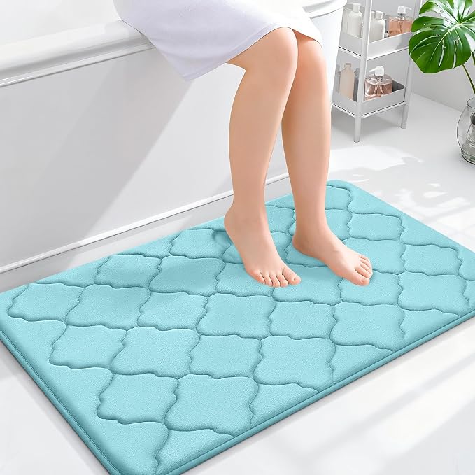 OLANLY Memory Foam Bath Mat Rug 36x24, Ultra Soft Bathroom Rugs, Sky Blue | Thick Absorbent Carpet, Non-Slip Backing, Machine Washable, for Bathroom Floor, Tub, Shower and Home Decor Accessories